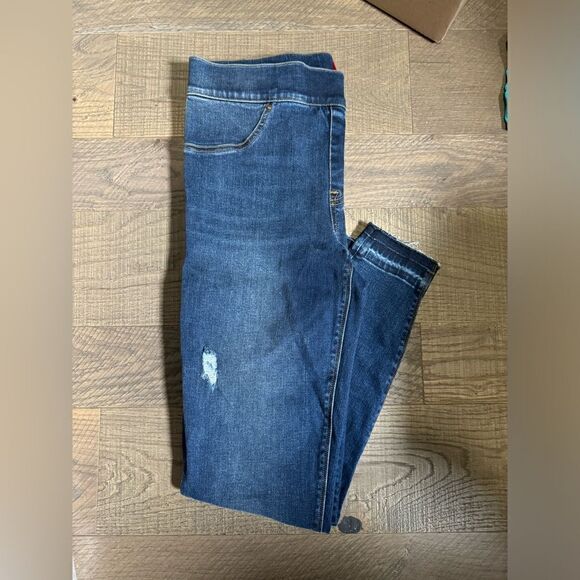Spanx Distressed Ankle Skinny Jeans, Medium Wash Pull On Size Large - Picture 7 of 15